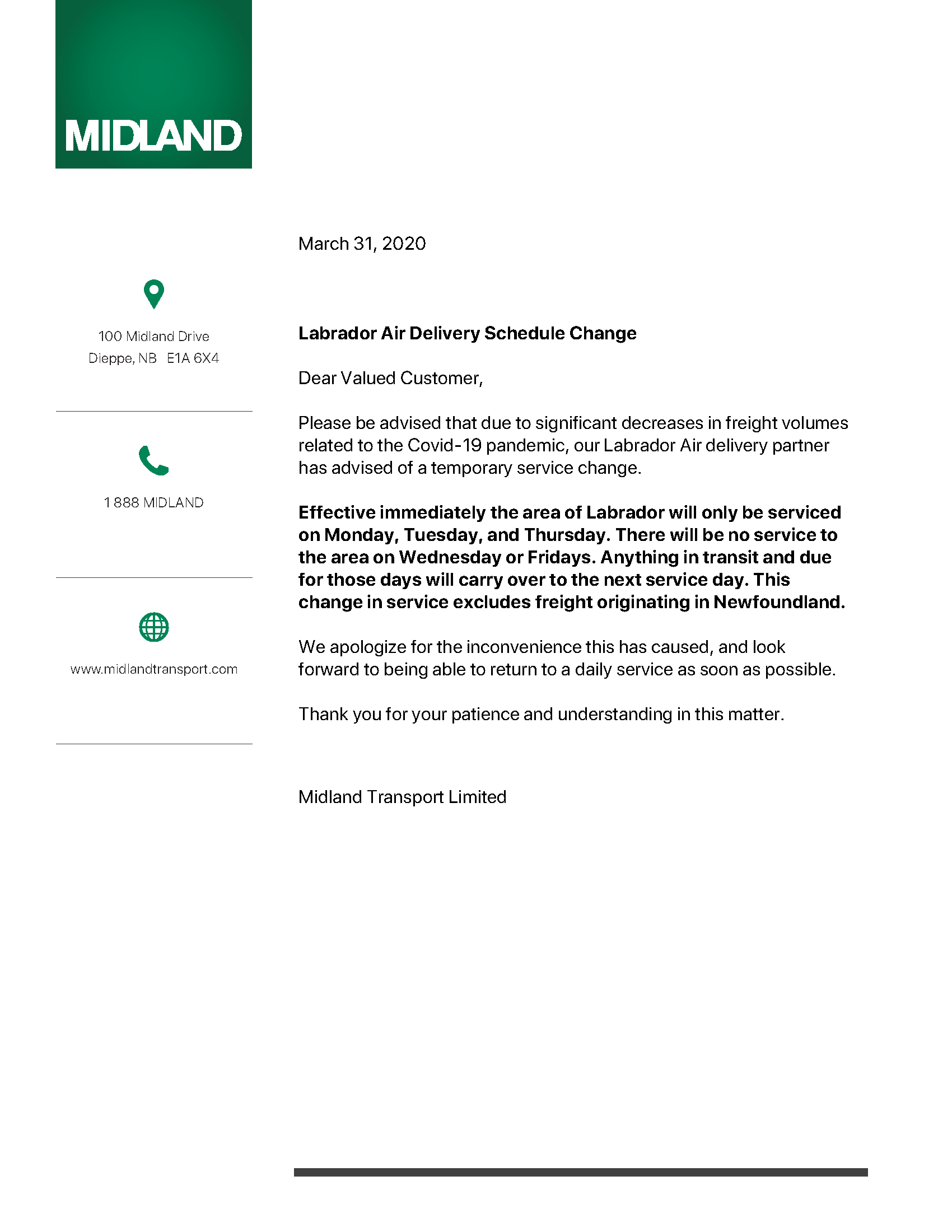 Labrador Air Delivery Schedule Change  - March 31, 2020